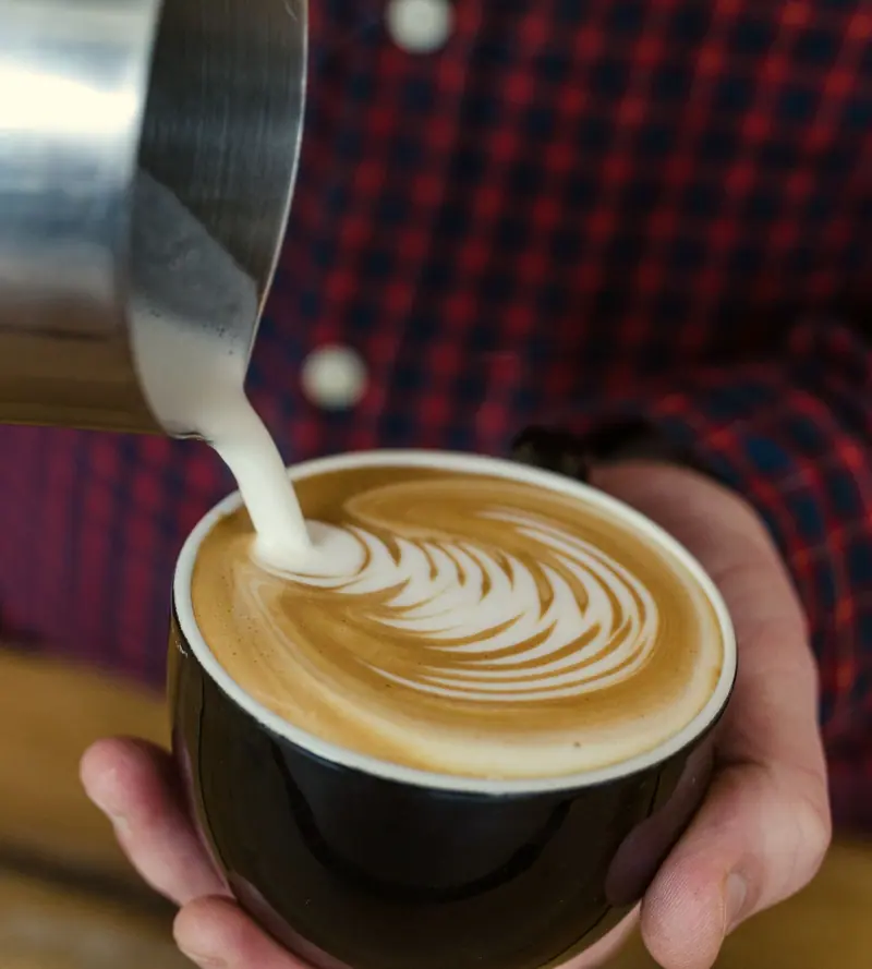 Mâinile unui barista turnând lapte într-o ceașcă, desenând o frunză